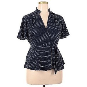 NWT Monteau Short-Sleeve, Peplum Blouse with Navy and White Polka-dot print